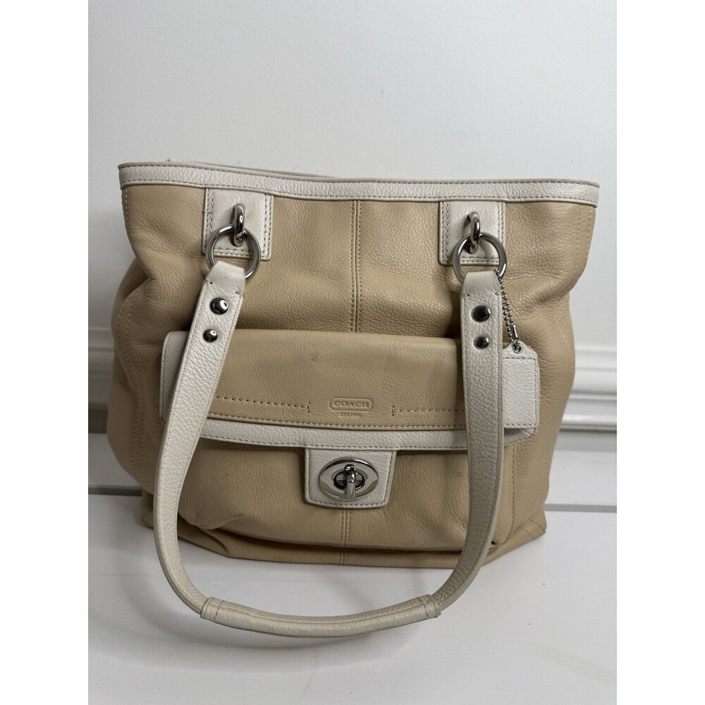 Coach Pebbled Leather Tote Bag Cream Beige White Turnlock Shoulder Purse